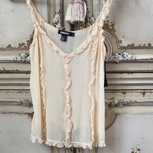 DKNY butter Cream Tank with Soft Pink Ruffle beads Detail